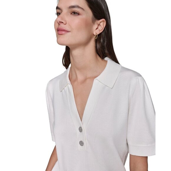 KARL LAGERFELD PARIS Women's Short-Sleeve Polo Sweater Ivory Size S MSRP $79 - Picture 2 of 6